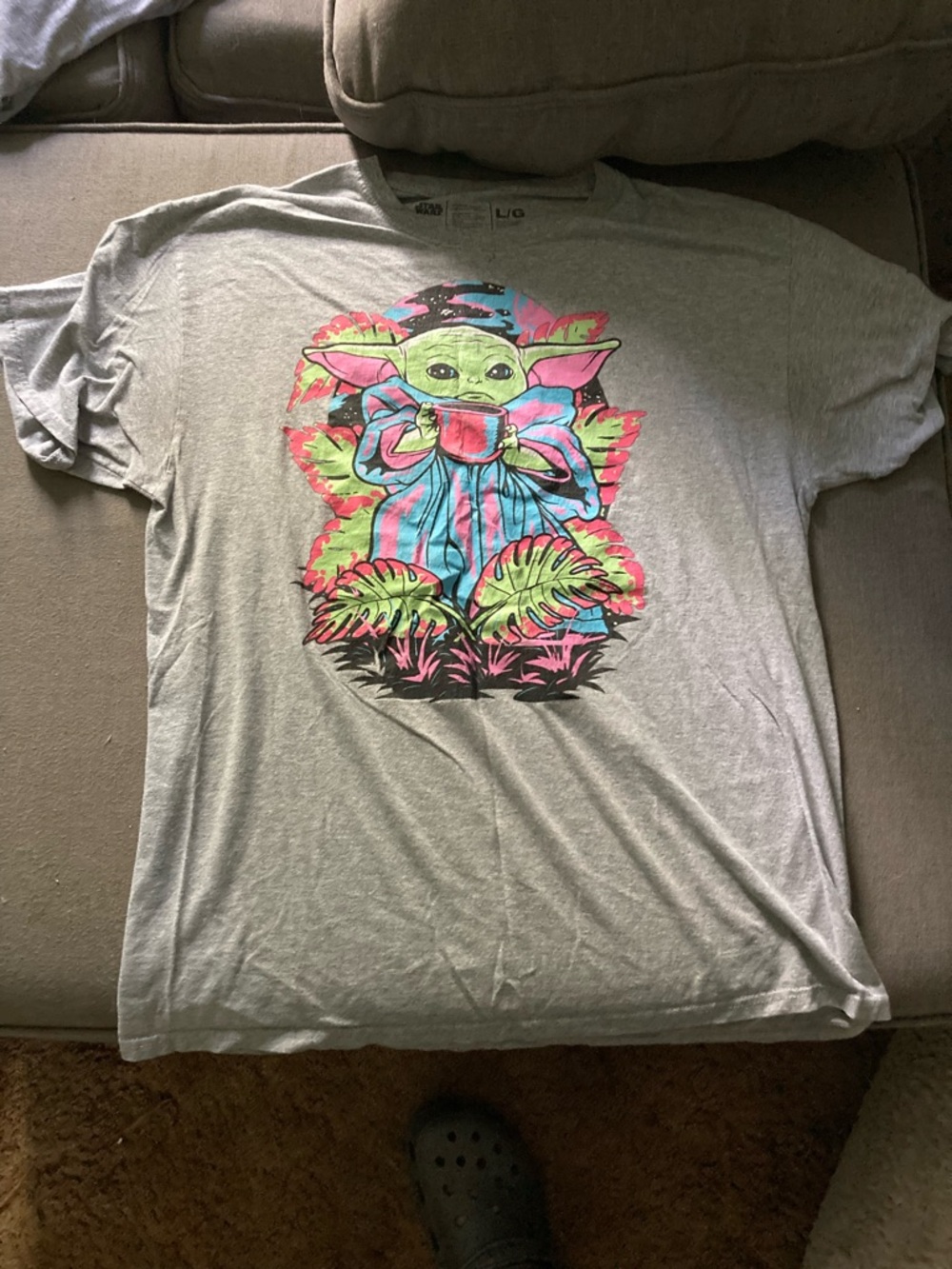 Grey T-shirt with Neon Baby Yoda Graphic